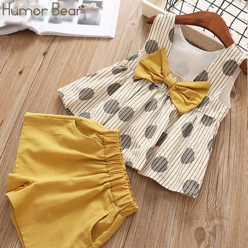 Humor Bear Girls Clothes Suit  Brand NEW Summer Toddler Girl Clothes Dot Bow Vest T-shirt Tops+Shorts Pants 2Pcs Set