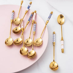 Stainless Steel Dessert Spoon Ceramic Long Handle Icecream Spoon Teaspoon Gold Coffee Cake Fruit Milk Spoon Kitchen Tableware - Wowza