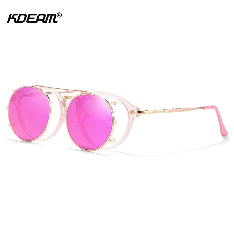 KDEAM Retro Steampunk Round Clip On Sunglasses Men Women Double Layer Removable Lens Baroque Carved Legs Glasses UV400  With Box