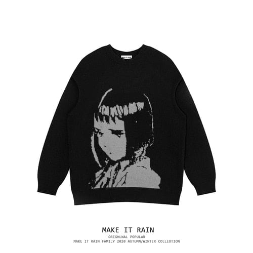 Harajuku Handsome Pullover Sweater Oversized Japanese Anime Cartoon Style Men and Women Print Knitted Sweater Long Sleeves Tops