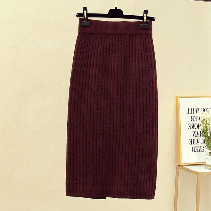 Mid-long Knitted Half-length Skirt Women's High waist One-step Skirt Autumn And Winter Hip Skirt Open-forked Elegant Skirts