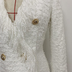 HIGH QUALITY Newest 2023 Designer Runway Women's Long Sleeve Metal Lion Buttons Fringed Tweed Tassel Dress