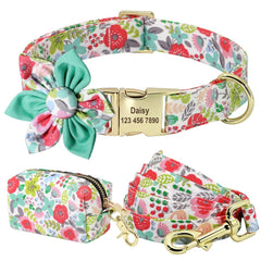 Floral Persoalized Dog Collar Fashion Printed Custom Nylon Dog Collars With Free Engraved Nameplate For Small Medium Large Dogs