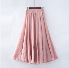 High Quality Cotton Linen Maxi Skirt Womens Casual Elastic High Waist Pleated A-Line Beach Skirts Boho Saia Feminina Faldas Jupe