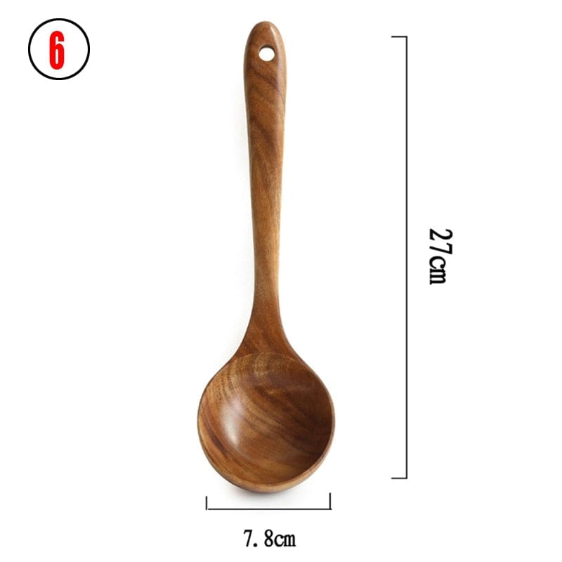 7pcs/set Teak Natural Wood Tableware Spoon Ladle Turner Rice Colander Soup Skimmer Cooking Spoon Scoop Kitchen Reusable Tool Kit - Wowza