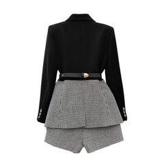 TWOTWINSTYLE Korean Patchwork Plaid Two Piece Set For Women Lapel Long Sleeve Sashes Blazer Wide Leg Shorts Casual Sets Female