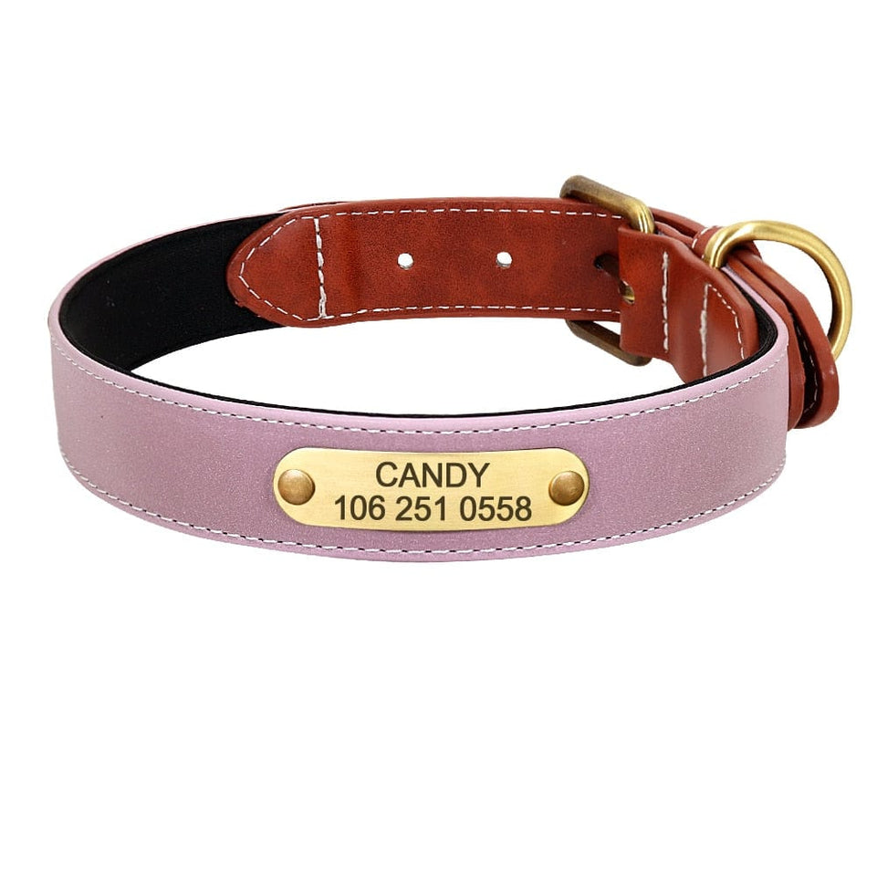 Dog Collar Personalized Engraved Dog Nameplate Collar Leather Padded Pet Puppy ID Collars Reflective For Small Medium Large Dogs - Wowza