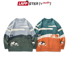 LAPPSTER-Youth Men Cows Vintage Winter Sweaters 2023 Pullover Mens O-Neck Korean Fashions Sweater Women Casual Harajuku Clothes