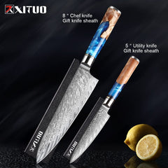 XITUO Kitchen Knives-Set Damascus Steel Chef Knife Cleaver Paring Utility Bread Knife Cooking Tool Blue Resin Handle 1-6Pcs/Set - Wowza