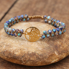 Handmade Natural African Stone Beaded Boho Yoga Wrap Bracelet & Bangle Stainless Steel Tree of Life Braided Charm Bracelet