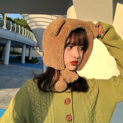 Winter Cute Bear Ears Warm Hat Women Beanies Windproof Cap Student Women Add Wool Cap Female Hat Present