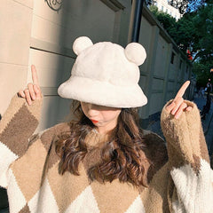 Fashion Autumn Winter Leopard Fur Bucket Hat Bear Ear Ball Plush Fisherman Hat Soft Warm Thick Basin Hat Protection Bucket Hats