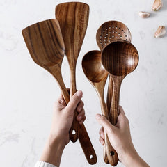 7pcs/set Teak Natural Wood Tableware Spoon Ladle Turner Rice Colander Soup Skimmer Cooking Spoon Scoop Kitchen Reusable Tool Kit - Wowza