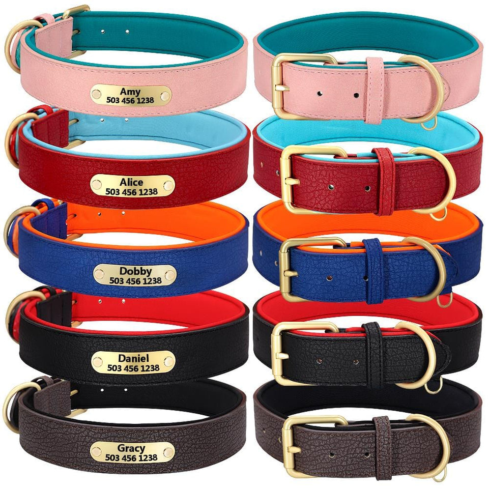 Custom Engraved Dog Collar Leather Padded Dogs Collars With Personalized ID Plate Tag 2 Layers For Small Large Dogs Pitbull - Wowza