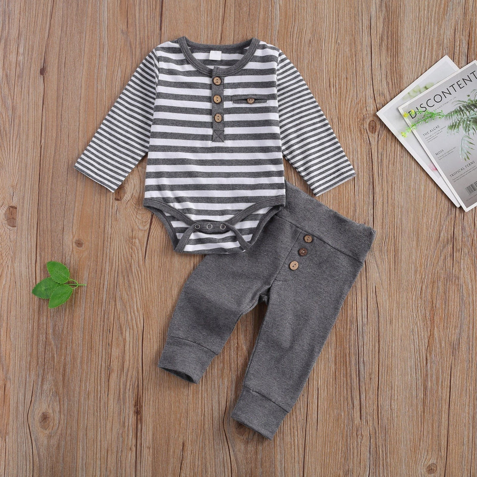 lioraitiin 2 Pcs Baby Boy Girl Casual Suit Clothing Round Neck Long Sleeve Stripe Romper Button Decoration Loose Trousers