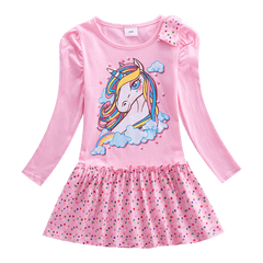 Girls Long Sleeve Star Embroidered Dress Girls Autumn New Style Two Pocket Rainbow Striped Sleeve Cotton Dress LH5809