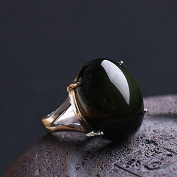 Natural Obsidian Ring Green Cat Eye Stone S925 Sterling Silver Mosaic Ring Simple Men Women Gift Crystal Ring Jewelry