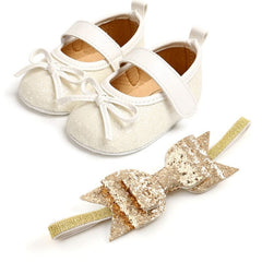 Sequins Baby Shoes Leather Toddler Baby Girl First Walkers Sets Headband Bow-knot Soft Sole Hook & Loop Bling Shoes for Girls