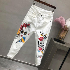 Women White Denim Jeans Cartoon Graffiti Flowers Print Stretched Hallen Jeans Pencil Pants Autumn Skinny Jeans LU1271