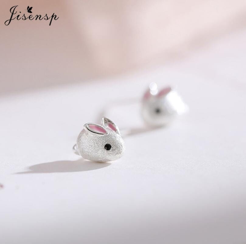 Jisensp Silver Plated Earrings Lovely Tiny Rabbit Ear Stud for Women Girls Cartoon Bunny Earring Fashion Jewelry Gift