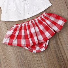 Lioraitiin 3Pcs Set 0-24M Newborn Baby Girl Clothes Cute Summer Off Shoulder Lace Tops+ Red Plaid Short Dress Headband Outfit