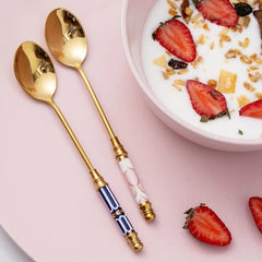 Stainless Steel Dessert Spoon Ceramic Long Handle Icecream Spoon Teaspoon Gold Coffee Cake Fruit Milk Spoon Kitchen Tableware - Wowza