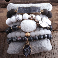 RH New Designer Boho Beaded Bracelet Set Natural Stone & Druzy 5pc Bracelets Bangles Set For Fashion Jewelry