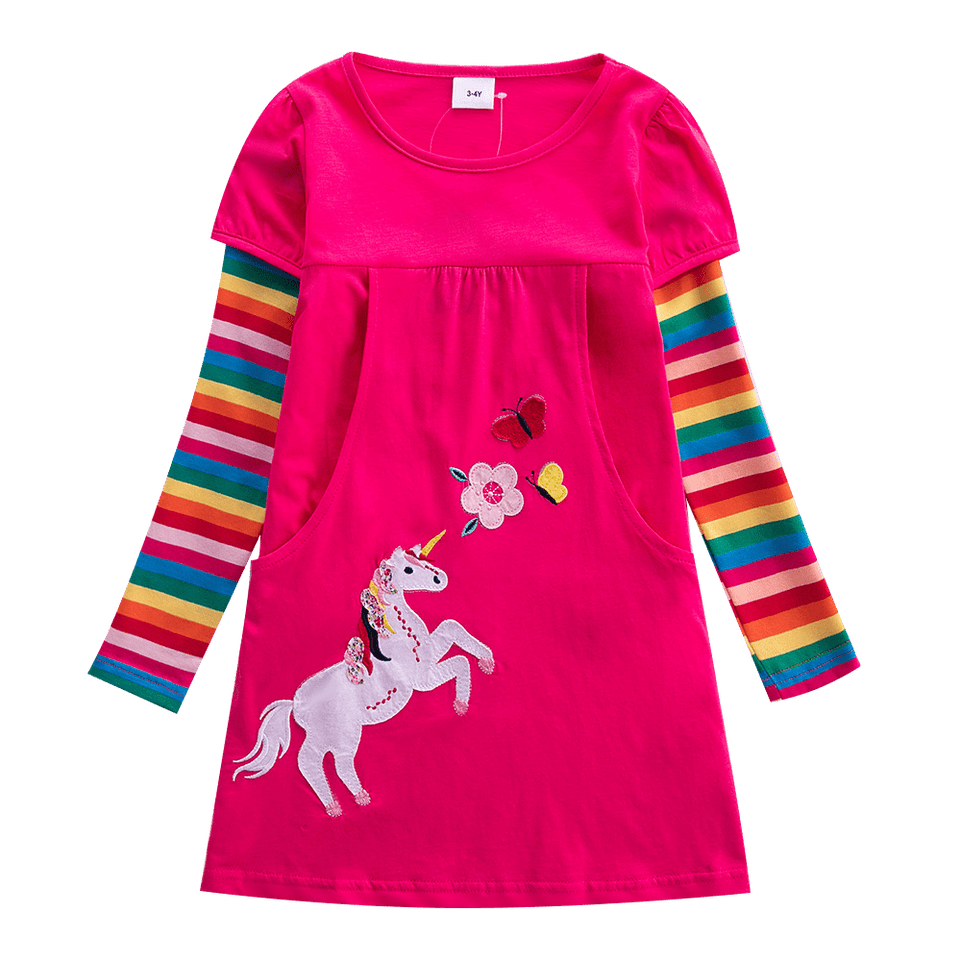 Girls Long Sleeve Star Embroidered Dress Girls Autumn New Style Two Pocket Rainbow Striped Sleeve Cotton Dress LH5809