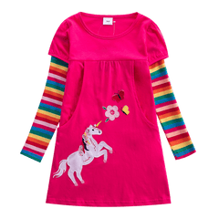 Girls Long Sleeve Star Embroidered Dress Girls Autumn New Style Two Pocket Rainbow Striped Sleeve Cotton Dress LH5809