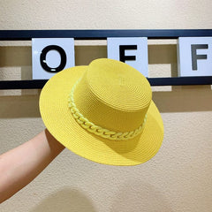 Macaron color straw hat sun hat flat top Korean fashion color chain with top hat acrylic beach hat candy color sun hat