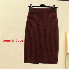 Mid-long Knitted Half-length Skirt Women's High waist One-step Skirt Autumn And Winter Hip Skirt Open-forked Elegant Skirts