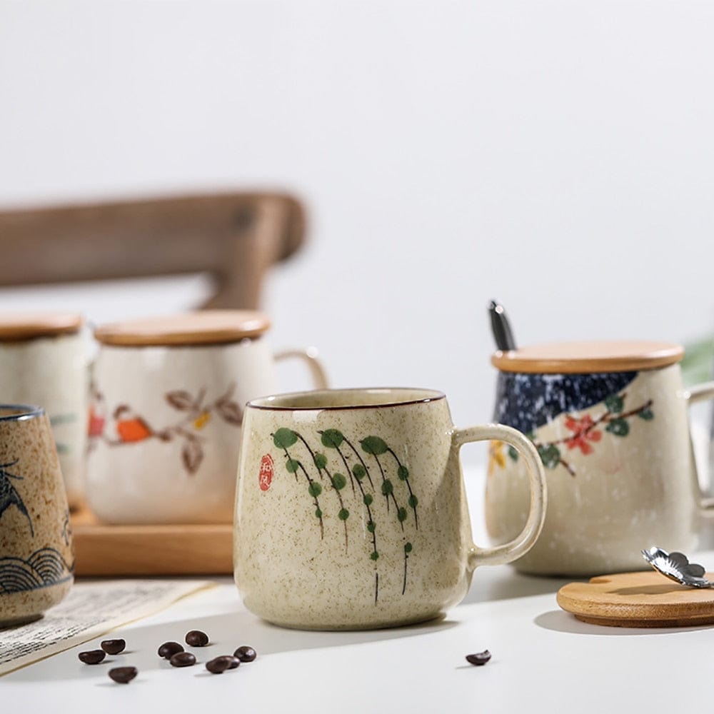 Vintage Coffee Mug Unique Japanese Retro Style Ceramic Cups, 380ml Kiln Change Clay Breakfast Cup Creative Gift for Friends - Wowza