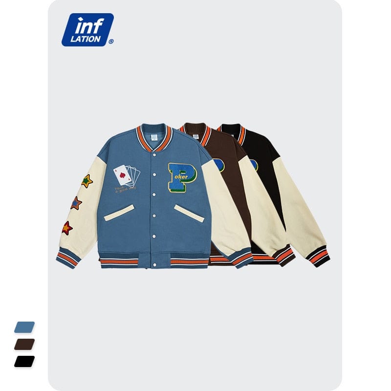 INFLATION Streetwear Vintage Baseball Jacket Men High Quality Towel Embroidery Jacket Couple Fleece Bomber Coat