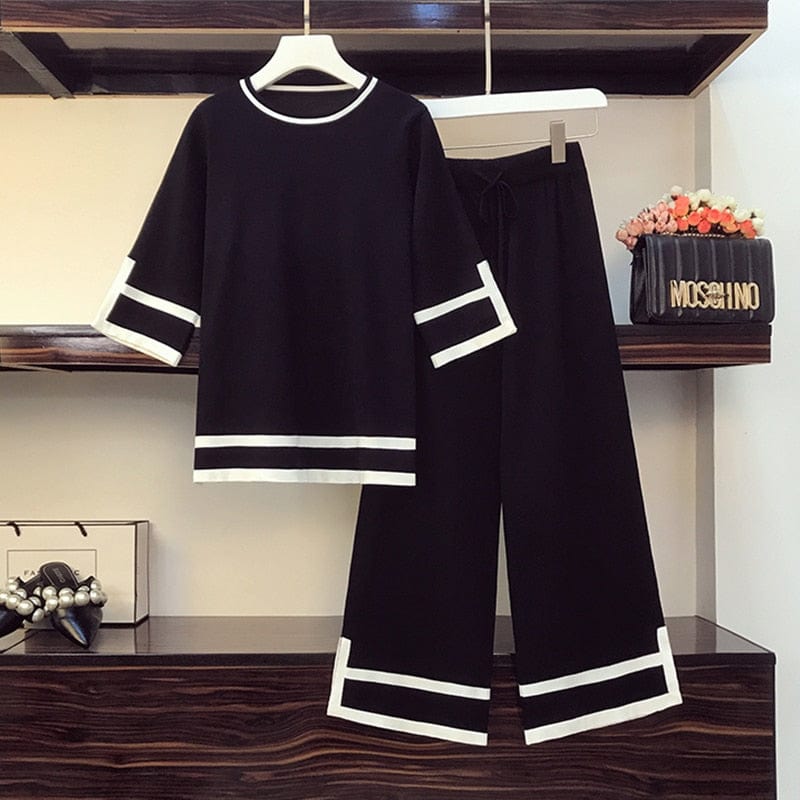 New Arrival Autumn Winter Knitted Two Piece Set Casual Women's Pullovers Tops And Wide-Leg Pants Suits High Quality Hit Color