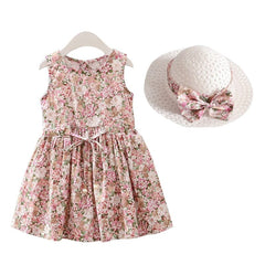 2PCS/Set Girls Dress +Hat Cotton Comfortable Children's Dress 2023 Summer Dress Floral Girls' Sleeveless Dress For Children