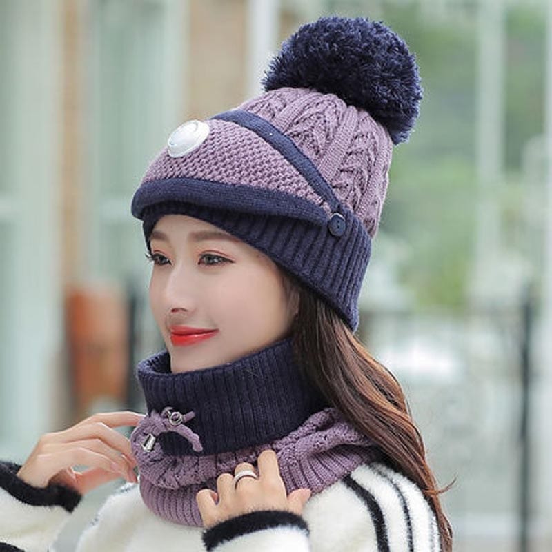 2021 New 3 Pieces Set Women's Knitted Hat Scarf Caps Neck Warmer Winter Hat For Ladies Girls Skullies Beanies Warm Fleece Caps