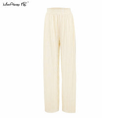 Mnealways18 Beige Pleated Wide Leg Pants Womens Pants Fashion 2023 Casual Loose Trousers Office Lady Elegant Long Palazzo Pants