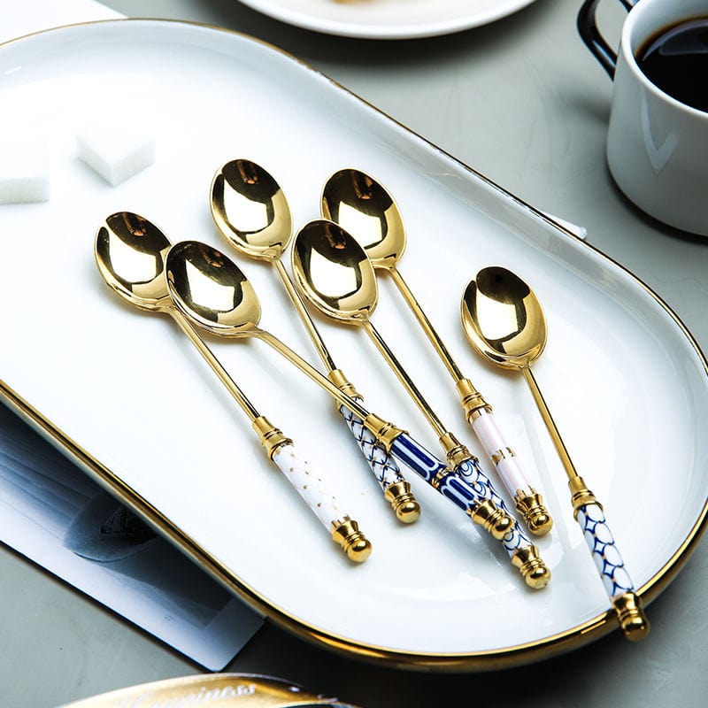 Stainless Steel Dessert Spoon Ceramic Long Handle Icecream Spoon Teaspoon Gold Coffee Cake Fruit Milk Spoon Kitchen Tableware - Wowza