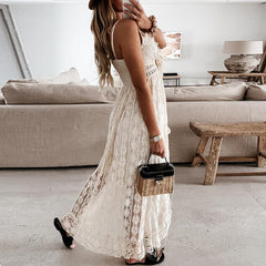 Off Shoulder Lace Patchwork Elegant Dress Women Summer 2023 V Neck Spaghetti Strap Dress Female New Fashion Solid Party Dresses