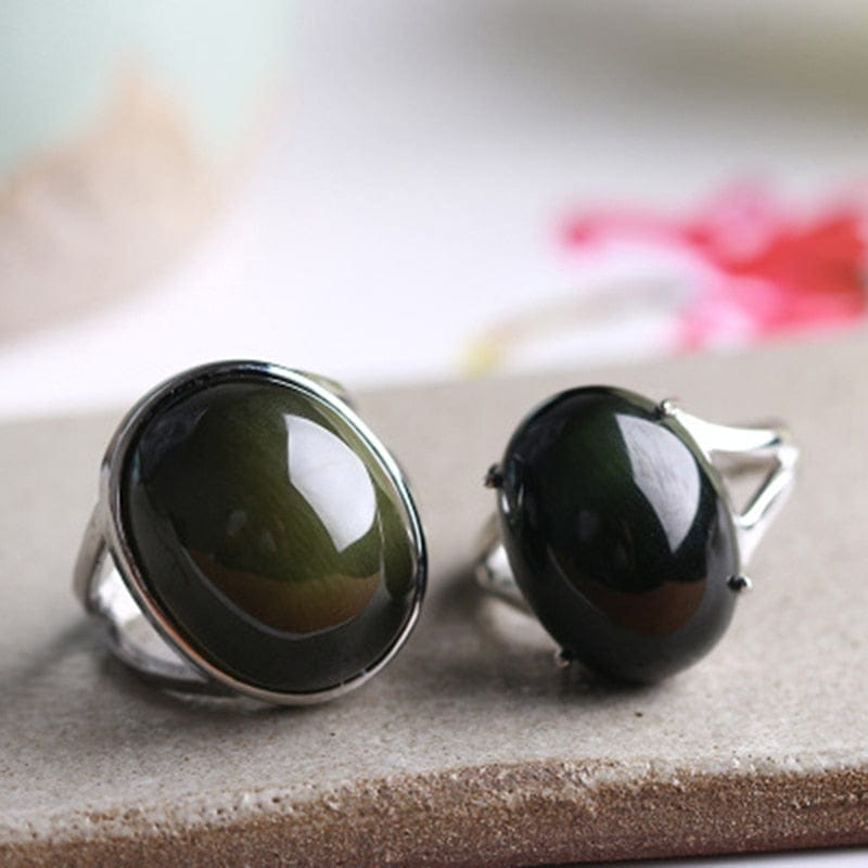 Natural Obsidian Ring Green Cat Eye Stone S925 Sterling Silver Mosaic Ring Simple Men Women Gift Crystal Ring Jewelry
