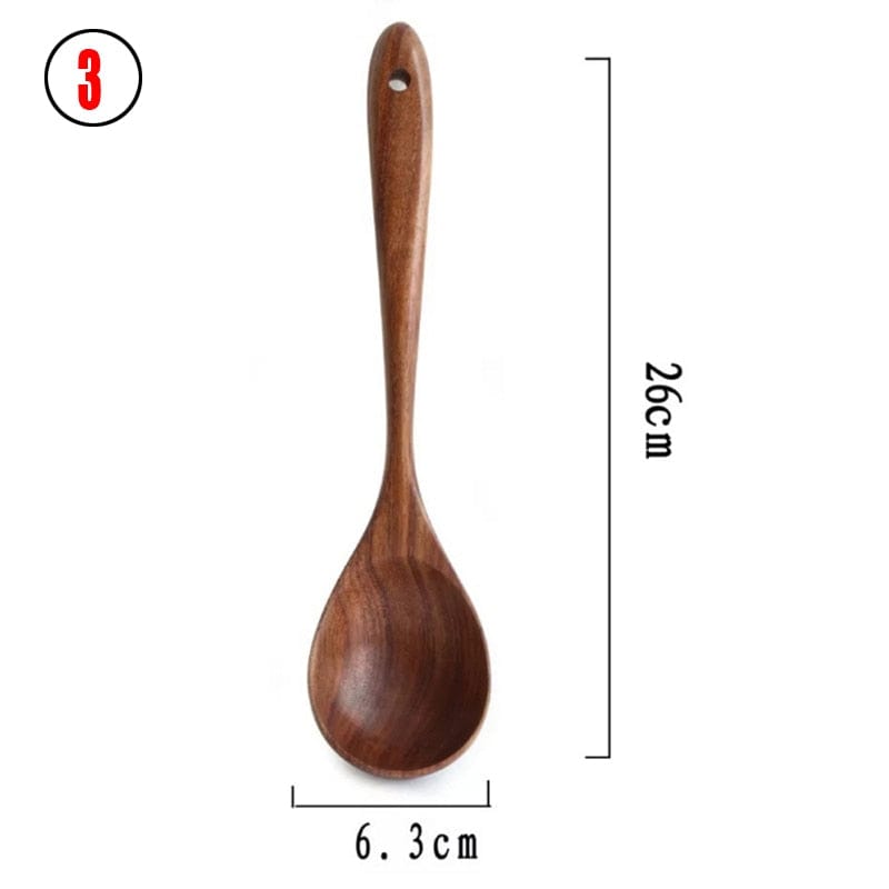 7pcs/set Teak Natural Wood Tableware Spoon Ladle Turner Rice Colander Soup Skimmer Cooking Spoon Scoop Kitchen Reusable Tool Kit - Wowza