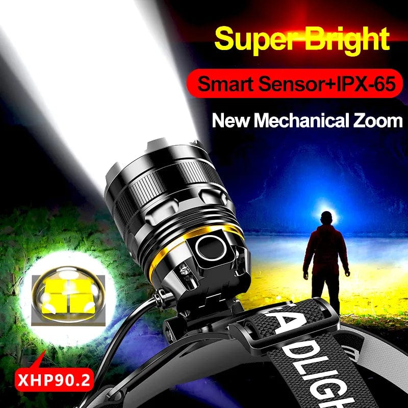 100000LM LED Headlamp Sensor XHP90.2 Headlight with Built-in Battery Flashlight USB Rechargeable Head Lamp Torch Light Lantern