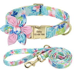 Floral Persoalized Dog Collar Fashion Printed Custom Nylon Dog Collars With Free Engraved Nameplate For Small Medium Large Dogs