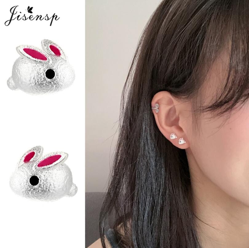 Jisensp Silver Plated Earrings Lovely Tiny Rabbit Ear Stud for Women Girls Cartoon Bunny Earring Fashion Jewelry Gift