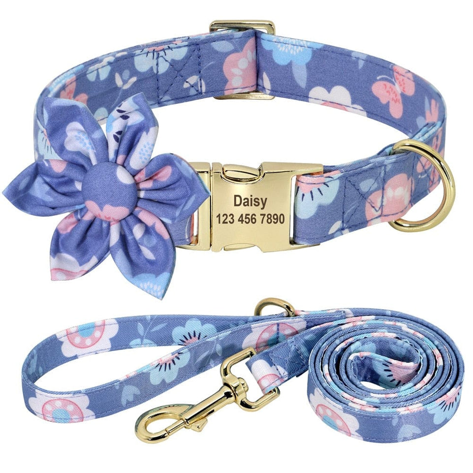 Floral Persoalized Dog Collar Fashion Printed Custom Nylon Dog Collars With Free Engraved Nameplate For Small Medium Large Dogs