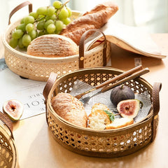 Hand-Woven Round Rattan Storage Basket Wicker Plate Fruit Snacks Serving Tray with Leather Handle - Wowza