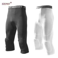 Men's Safety Anti-Collision Pants Basketball Training 3/4 Tights Leggings With Knee Pads Protector Sports Compression Trousers