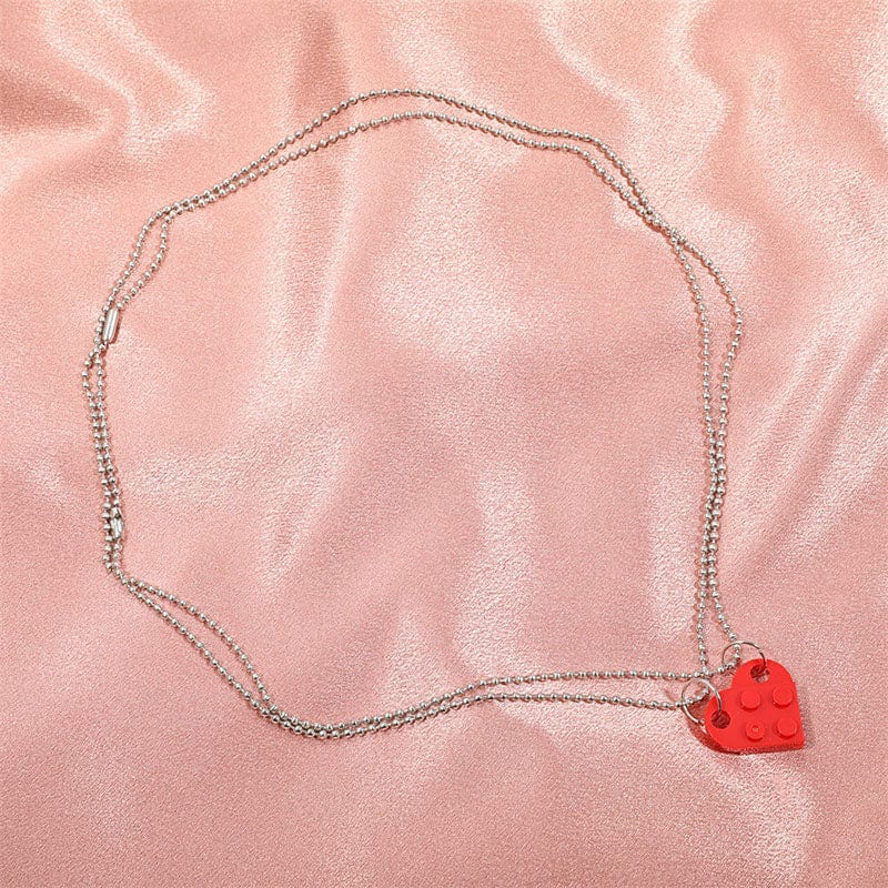 2Pcs Cute Love Heart Brick Pendant Necklace for Couples Friendship Women Men Lego Elements Couple Valentines Gifts Punk Necklace