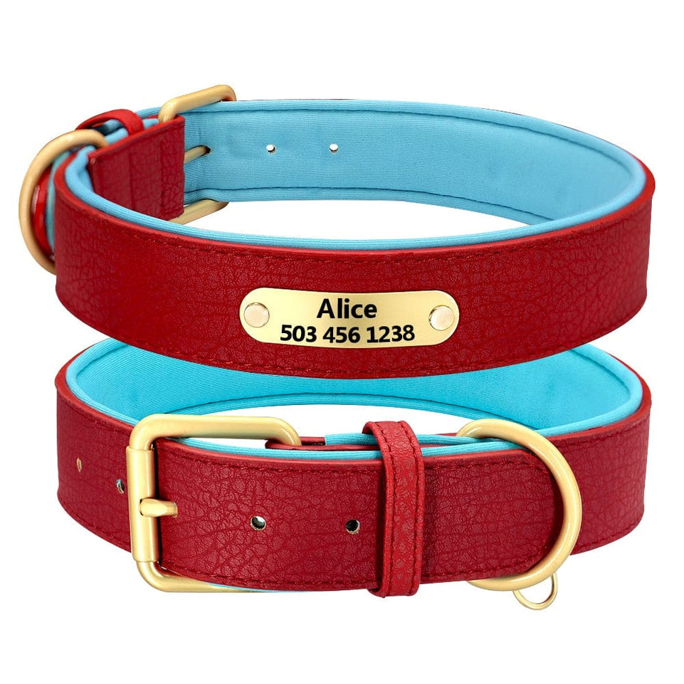 Custom Engraved Dog Collar Leather Padded Dogs Collars With Personalized ID Plate Tag 2 Layers For Small Large Dogs Pitbull - Wowza