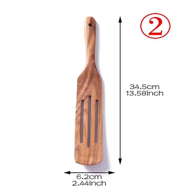 7pcs/set Teak Natural Wood Tableware Spoon Ladle Turner Rice Colander Soup Skimmer Cooking Spoon Scoop Kitchen Reusable Tool Kit - Wowza